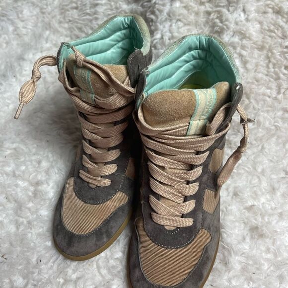 Sam Edelman leather suede gray & mint green &fabric tan lace up wedge bo… - Picture 8 of 14